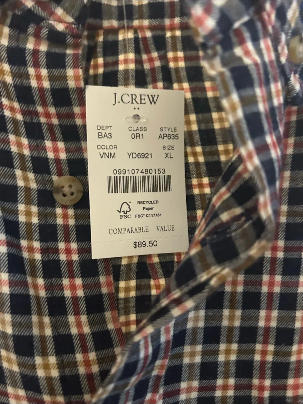J. Crew Men's Navy and Red Multi-Plaid Flannel Button-Down Shirt
